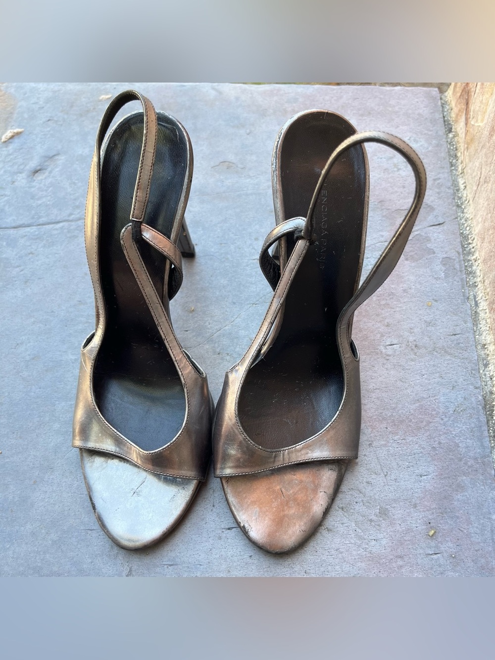 Balenciaga Metallic Silver Slingback Heels.